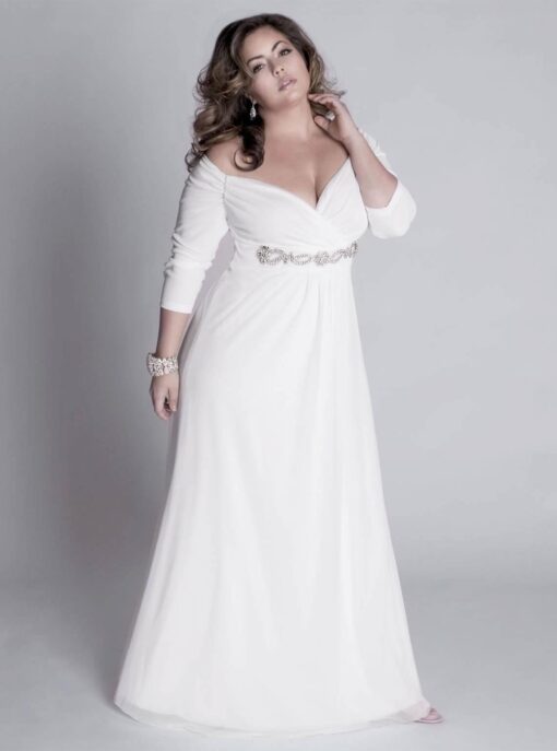 white plus size evening dresses with long sleeves