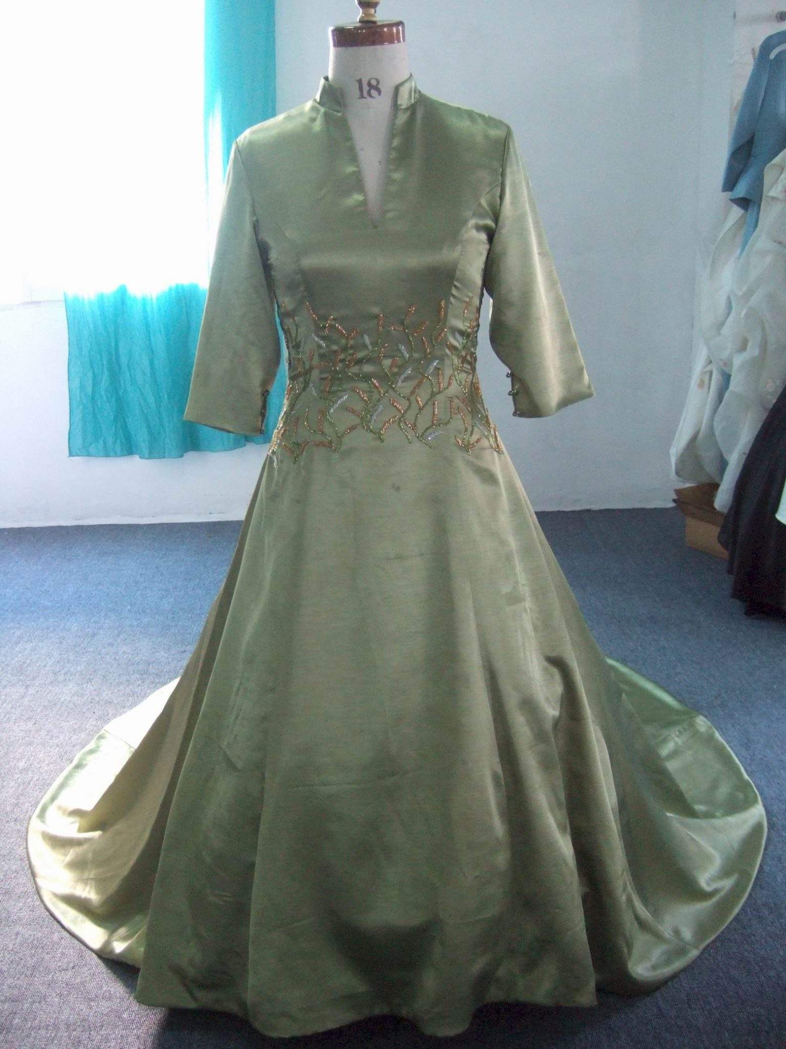 long sleeve green formal ball gowns