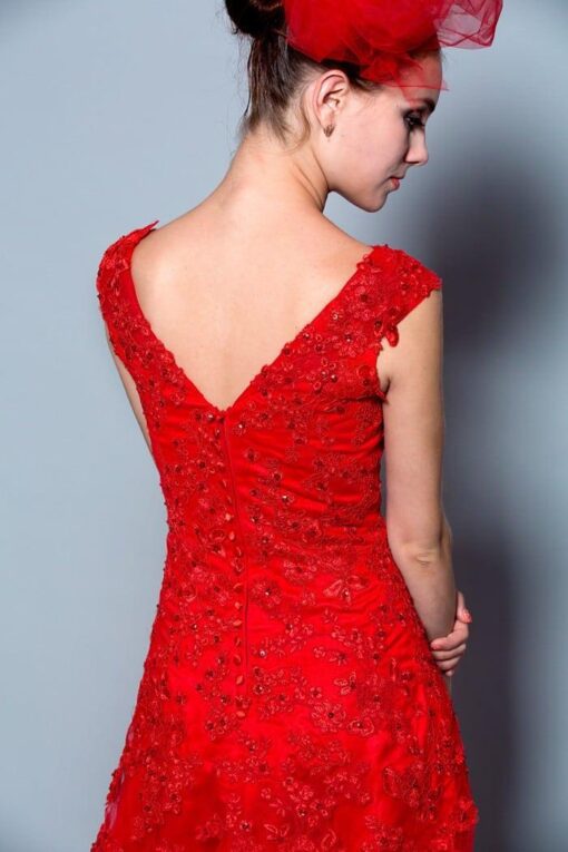 v back neck red evening gown