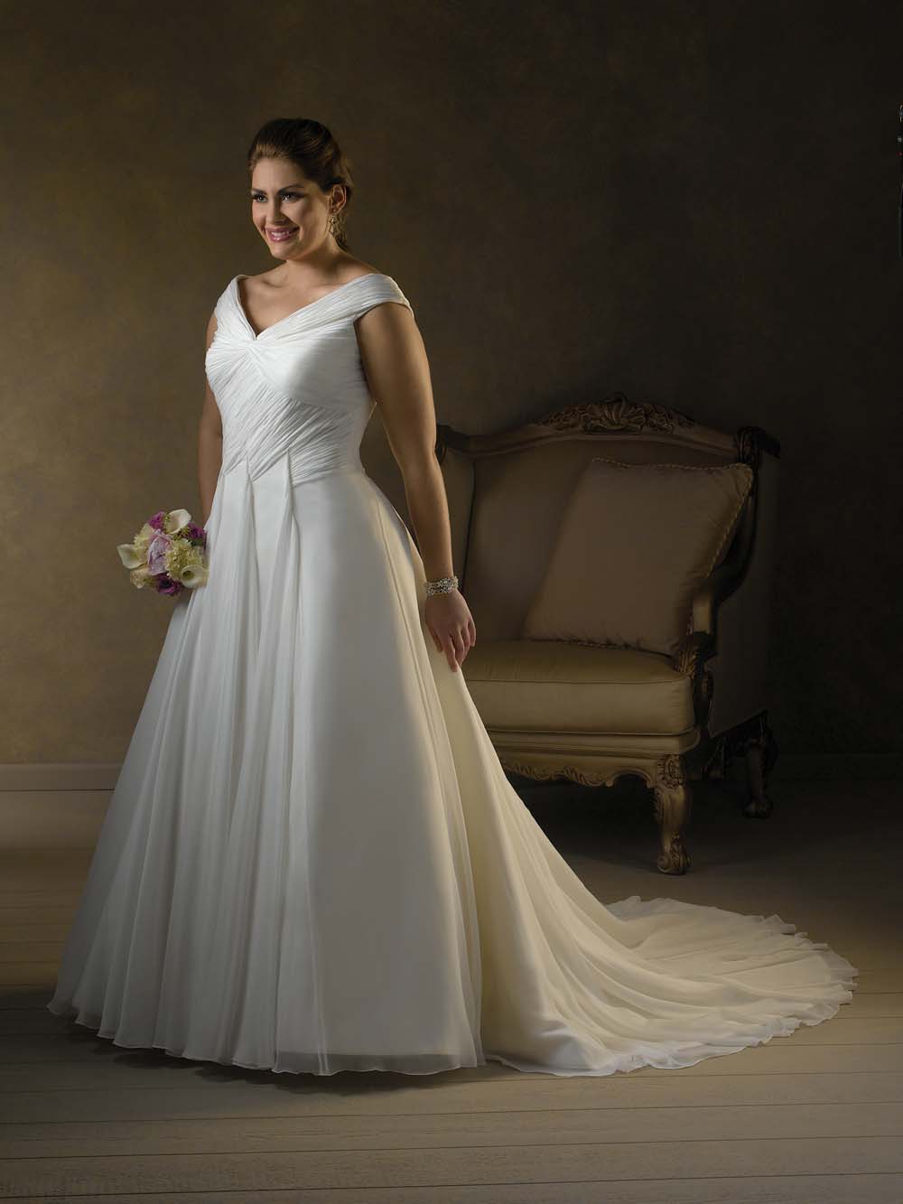 off the shoulder wedding dress for plus size brides