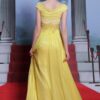 broad neck yellow evening dress