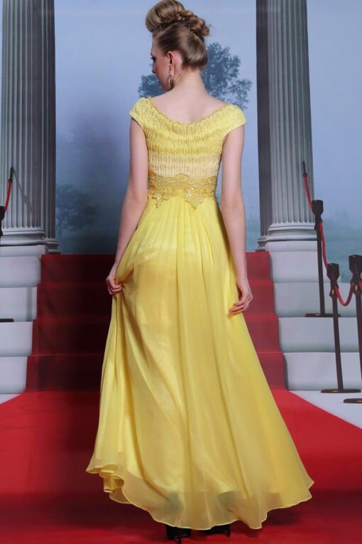 broad neck yellow evening dress