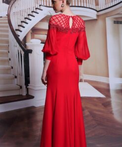 red evening gown with net shoulders