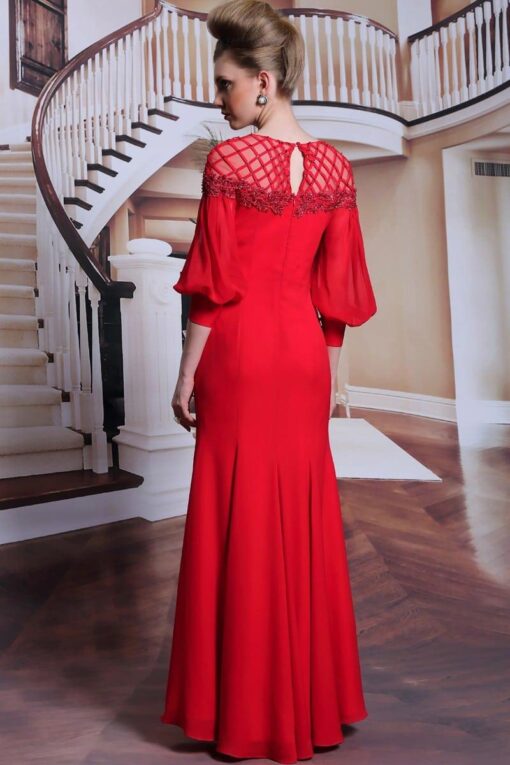 red evening gown with net shoulders