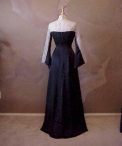 closed neck black and silver designer evening gown