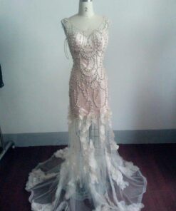 Sheer Nude Colored Pageant Dresses with Pearl Beading