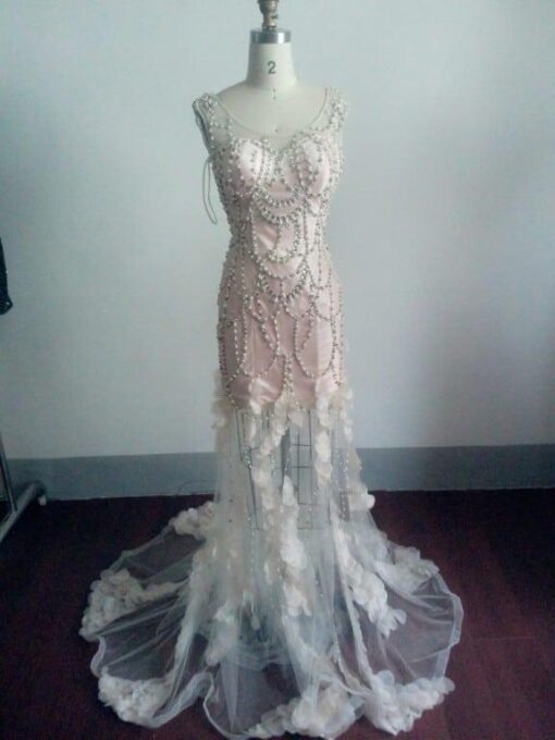 Sheer Nude Colored Pageant Dresses with Pearl Beading