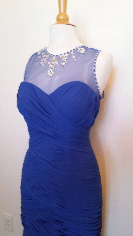 Blue Illusion Neckline Ruched Evening Dress