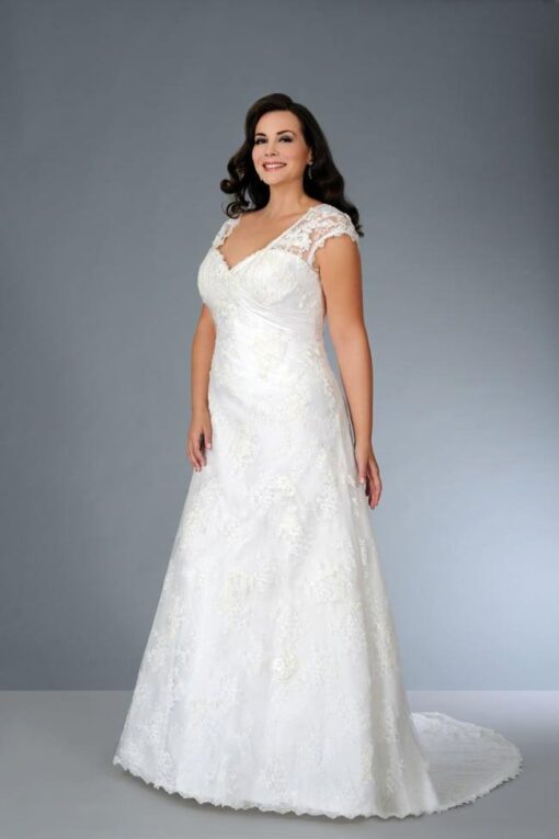 Plus Size lace Wedding Gown with Short Cap Sleeves