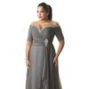 plus size platinum grey evening gown with short sleeves