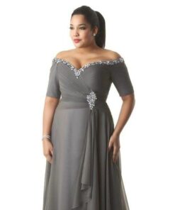 plus size platinum grey evening gown with short sleeves