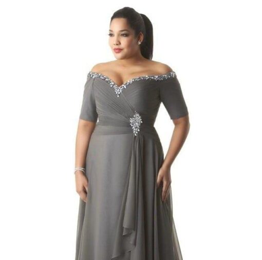 plus size platinum grey evening gown with short sleeves