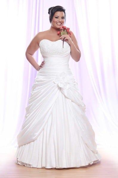 Strapless Plus Size Wedding Dress with gathers and pick ups at Darius Cordell