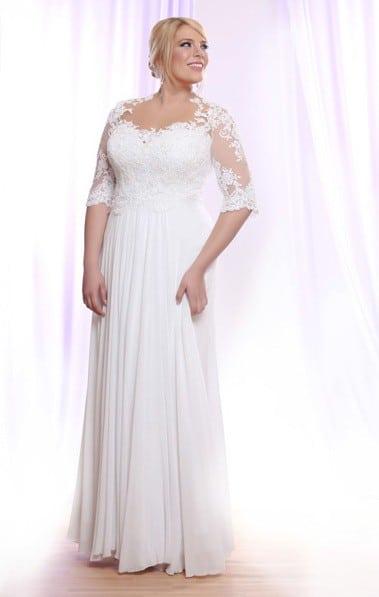 Plus Size Bridal Gown with Long Beaded Lace Sleeves on Illusion Fabric at Darius Cordell