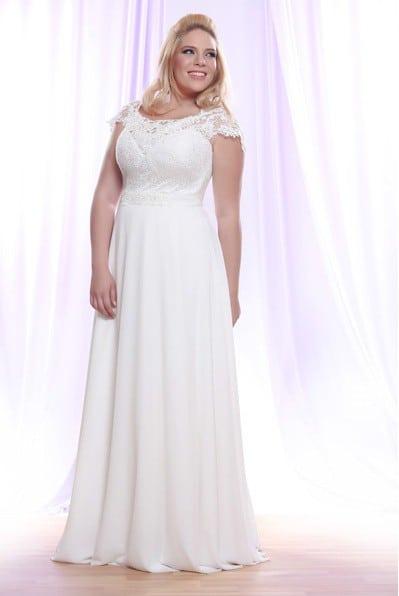 Brocade Lace Wedding Dress for Plus Size Brides with Cap Sleeves by Darius Cordell