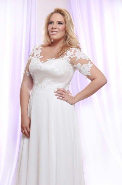 Plus Size Wedding Dress with Pearl Beaded Lace on Sheer Illusion neck line