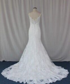 back of a lace dress with chapel length train