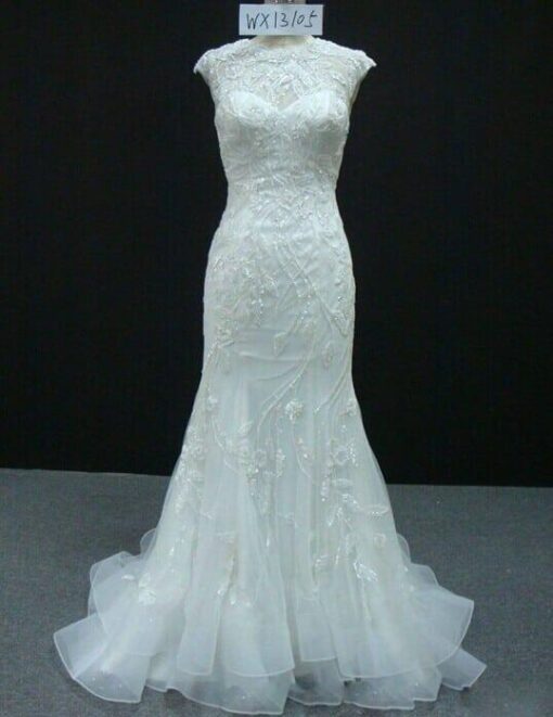 beaded cap sleeve wedding dress with illusion neckline