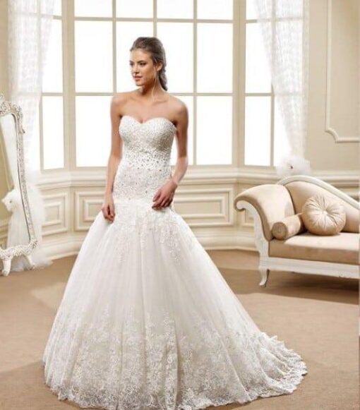 strapless fit and flare ball gown wedding dress