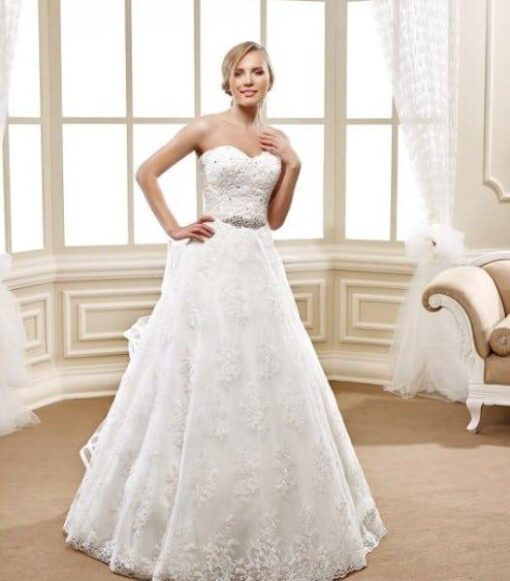 Strapless lace wedding gown