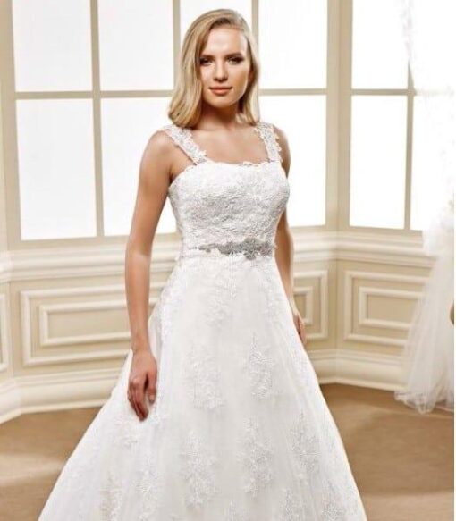 lace wedding gown with wide lace straps for plus size brides