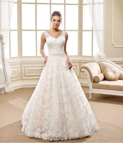 solid lace ball gown wedding dress with belt