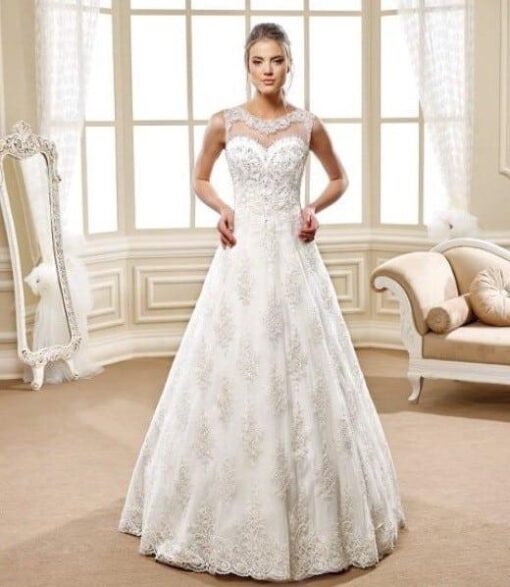 Sleeveless aline wedding gown with illusion neckline