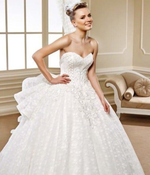 ornate wedding gown with strapless bust line