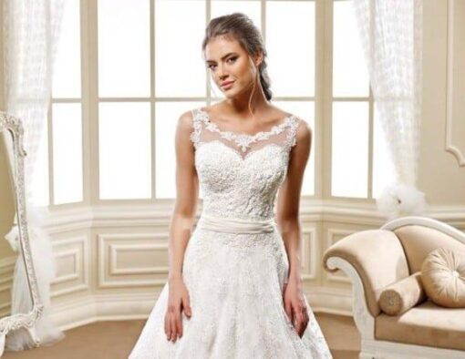 beaded lace wedding gown with illusion neck line