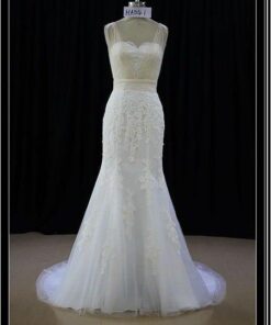 solid lace wedding gown with sheer shoulder straps