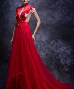 red short sleeve evening gowns