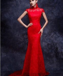 short sleeve red lace formal dresses