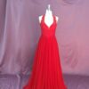 sleeveless red halter evening gowns with a line cut