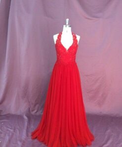 sleeveless red halter evening gowns with a line cut