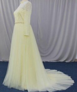 Pastel Yellow Long Sleeve Lace Wedding Dress for Plus Size Brides