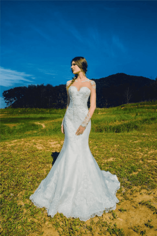 Sheer Illusion Neck line Wedding Gowns with Long Lace Sleeves