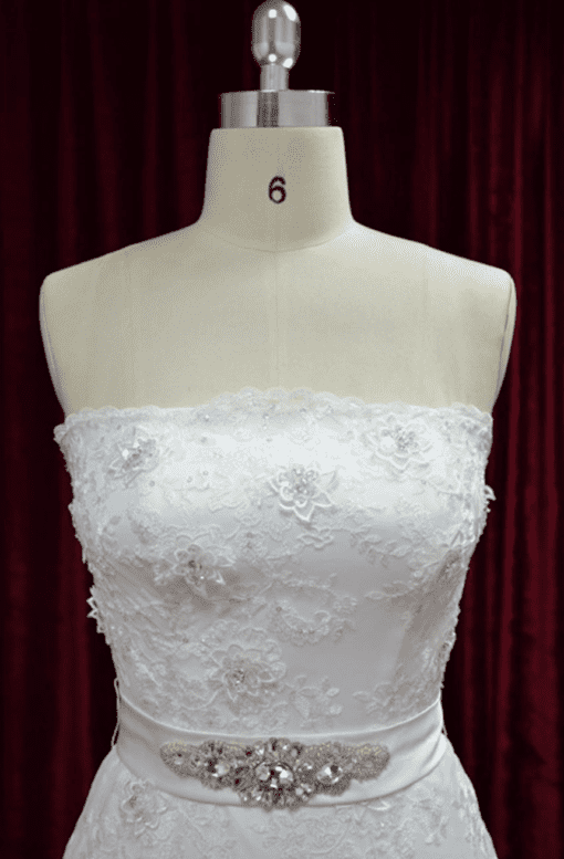 strapless beaded lace wedding gown with belt