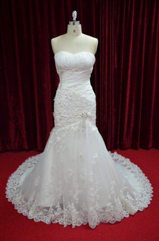 ruched strapless lace wedding gown