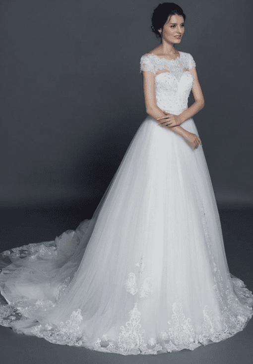 cap sleeve wedding gown with cathedral train