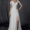 draping off the shoulder wedding gown with leg slit