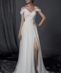 draping off the shoulder wedding gown with leg slit