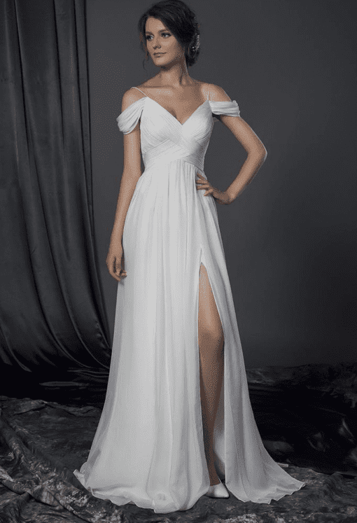 draping off the shoulder wedding gown with leg slit