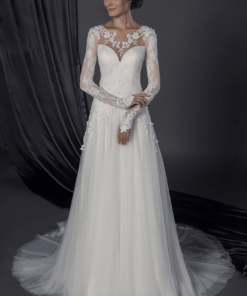 long sleeve bridal dress with lace arms and neck line