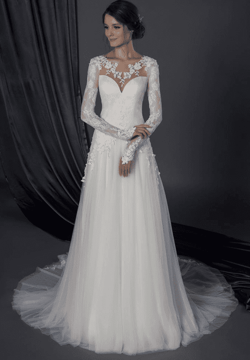 long sleeve bridal dress with lace arms and neck line