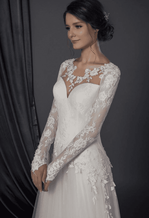 Style 50150051 modest long sleeve wedding gown with lace sleeves