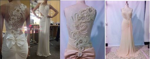 Custom replica dress design with pearl beaded sheer back