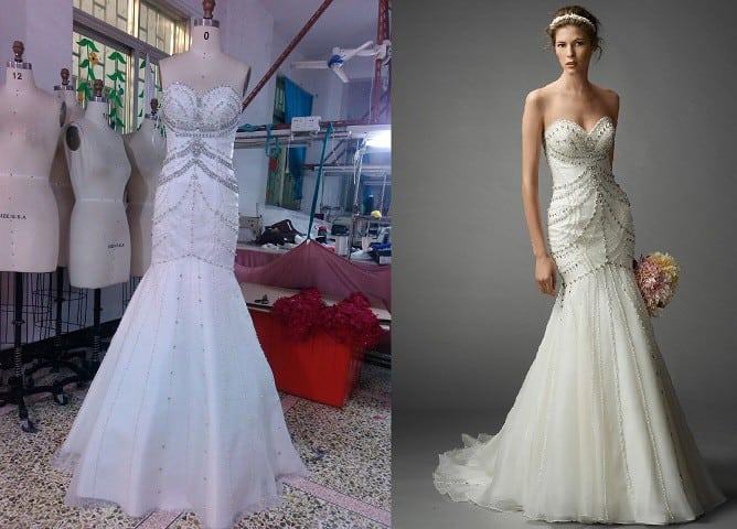 Replica of a strapless beaded wedding dress inspired by Pronovias