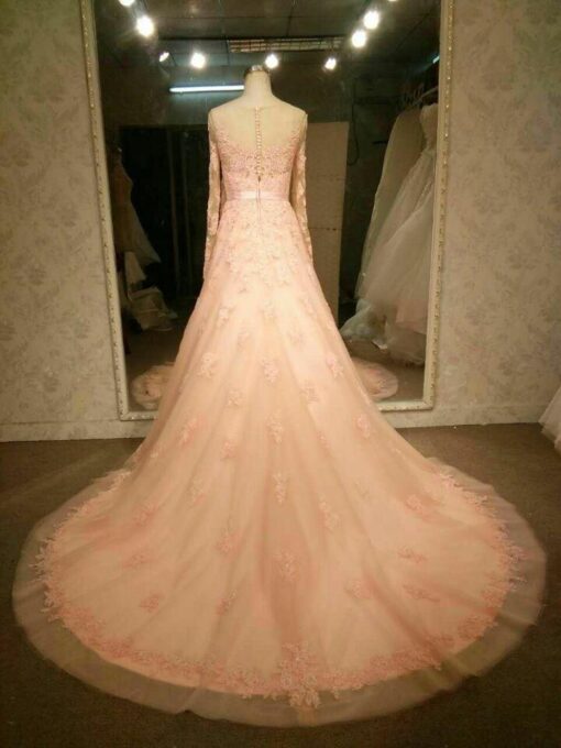 pastel pink lace wedding gowns with long sleeves