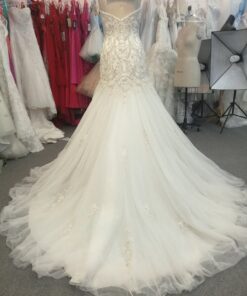 Style  back of Strapless fit and flare wedding dress with beaded lace by Darius Cordell