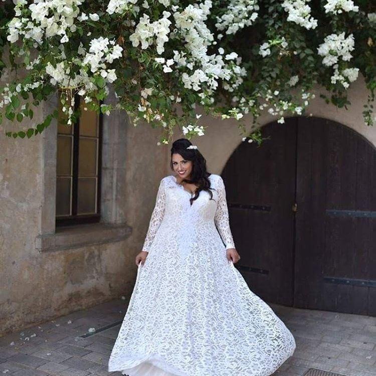 Style #1437 - Plus size lace wedding gowns with long sleeves and v-neck line